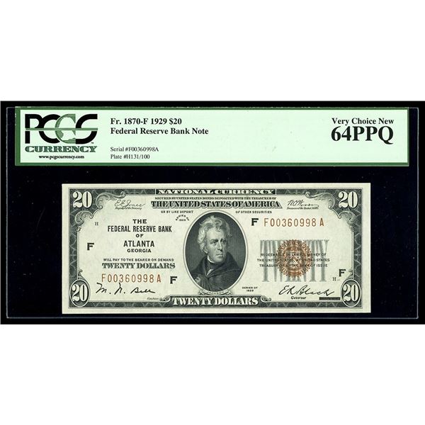 UNITED STATES, FRB of Atlanta, $20, series of 1929, serial F00360998A, Jones-Woods, PCGS Currency Ve