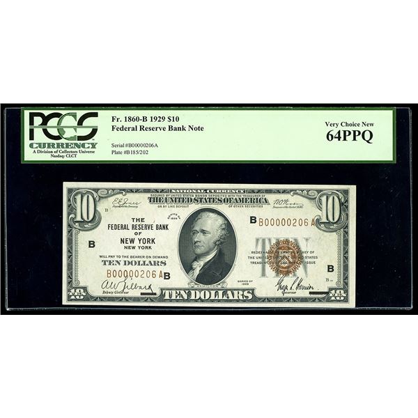 UNITED STATES, FRB of New York, $10, series of 1929, serial B00000206A, Jones-Woods, PCGS Currency V