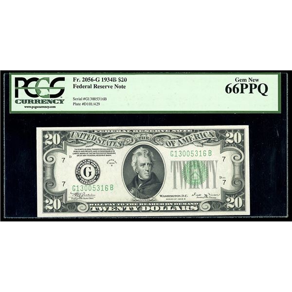 UNITED STATES, $20, series of 1934B, serial G13005316B, Julian-Vinson, PCGS Currency Gem New 66 PPQ.