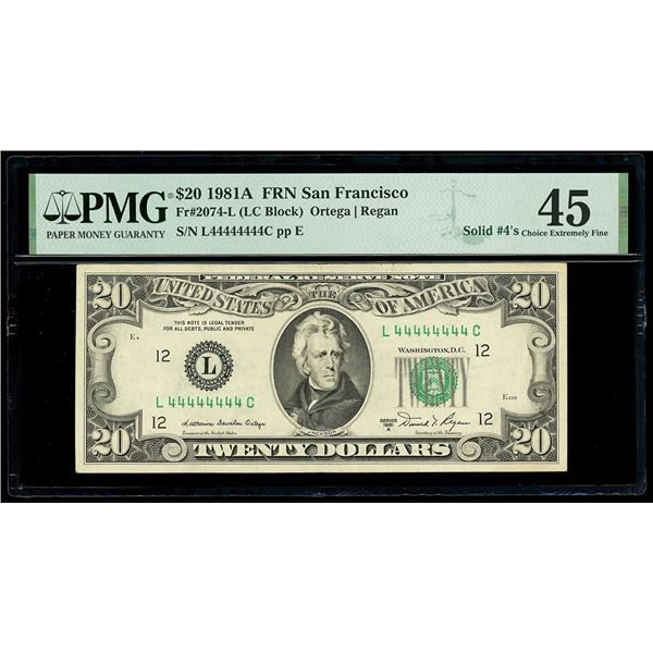 UNITED STATES, $20, series 1981A, solid serial number 44444444, Ortega-Regan, PMG Choice XF 45.