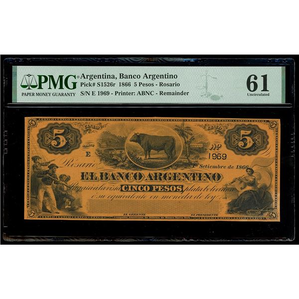 ARGENTINA, Rosario, Banco Argentino, 5 pesos remainder, 1-9-1866, serial 1969, series E, PMG UNC 61,