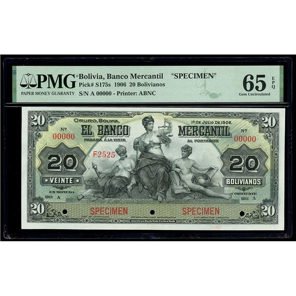BOLIVIA, Oruro, Banco Mercantil, 20 bolivianos specimen, 1-7-1906, series A, rare, PMG Gem UNC 65 EP
