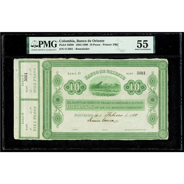 COLOMBIA, Rionegro, Banco de Oriente, 10 pesos remainder, 14-2-1888, serial 5681, series O, PMG AU 5