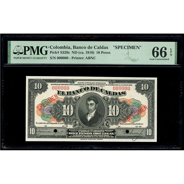 COLOMBIA, Manizales, Banco de Caldas, 10 pesos specimen, 1919, PMG Gem UNC 66 EPQ, "top pop."