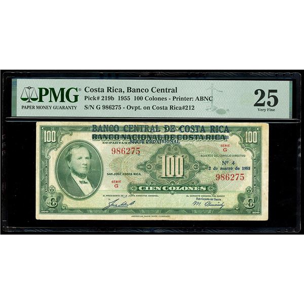 COSTA RICA, San José, Banco Central, 100 colones, 2-3-1955, series G, serial 986275, provisional ser