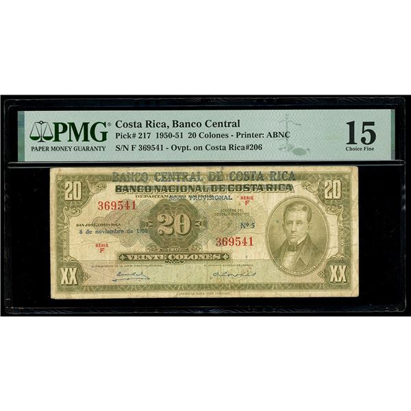 COSTA RICA, San José, Banco Central, 20 colones, 8-11-1950, series F, serial 369541, provisional ser