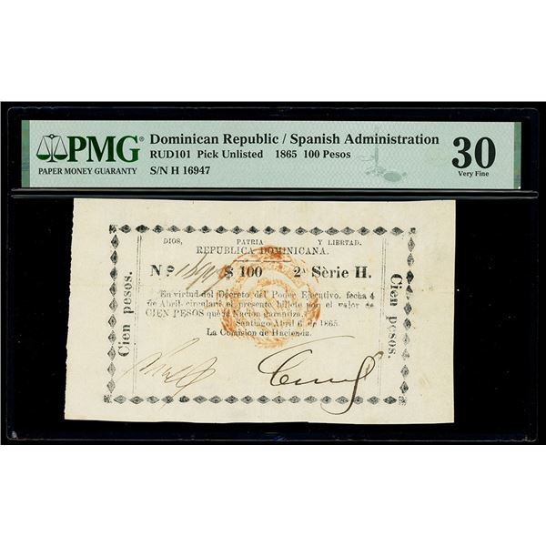 DOMINICAN REPUBLIC, Santiago, República Dominicana, 100 pesos, 6-4-1865, series H, serial 16947, ver