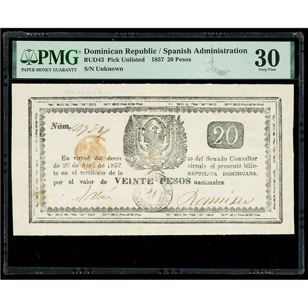 DOMINICAN REPUBLIC, República Dominicana, 20 pesos, 20-4-1857, serial 1553329, very rare, PMG VF 30,