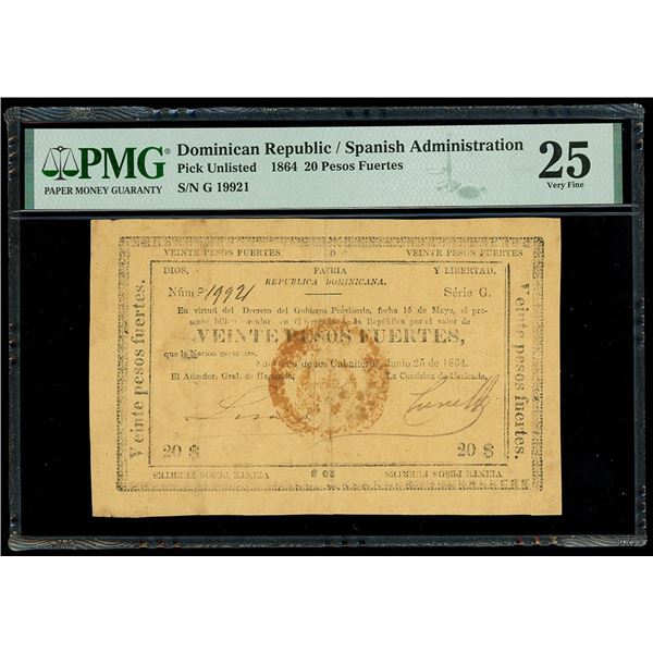 DOMINICAN REPUBLIC, Santiago de los Caballeros, República Dominicana, 20 pesos fuertes, 25-6-1864, s