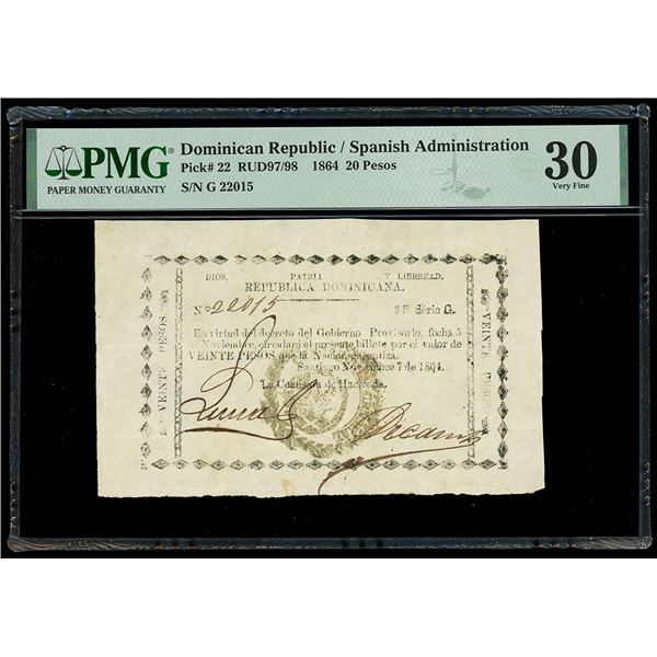 DOMINICAN REPUBLIC, Santiago, República Dominicana, 20 pesos, 7-11-1864, series G, serial 22015, ver