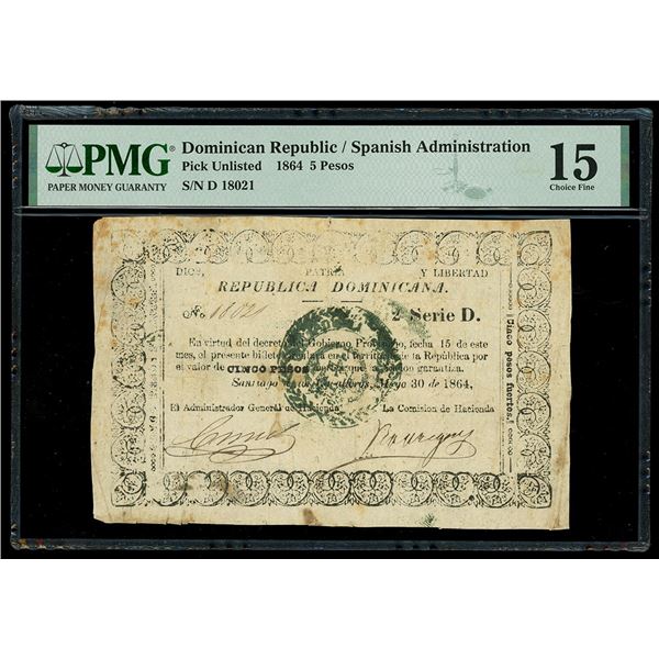 DOMINICAN REPUBLIC, Santiago de los Caballeros, República Dominicana, 5 pesos fuertes, 30-5-1864, se