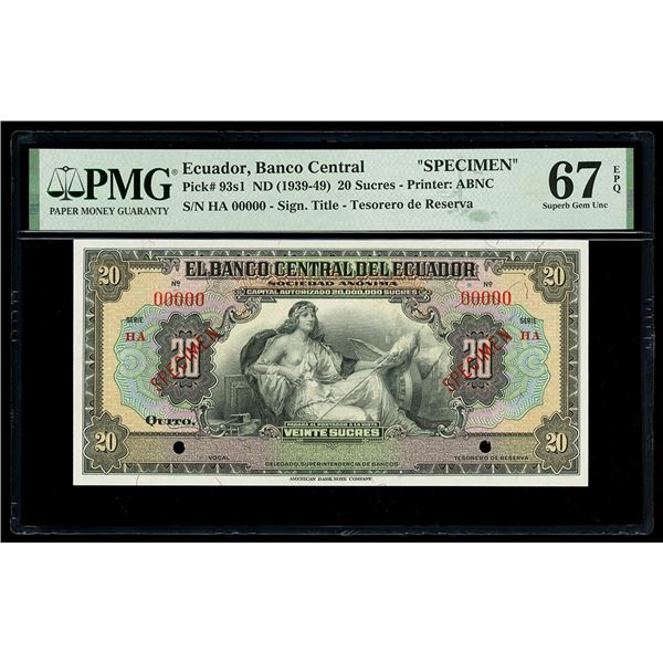 ECUADOR, Quito, Banco Central del Ecuador, 20 sucres specimen, no date (1939-49), series HA, PMG Sup