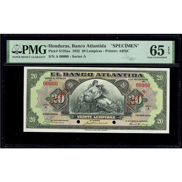 HONDURAS, La Ceiba, Banco Atlántida, 20 lempiras specimen, 1-3-1932, series A, PMG Gem UNC 65 EPQ.