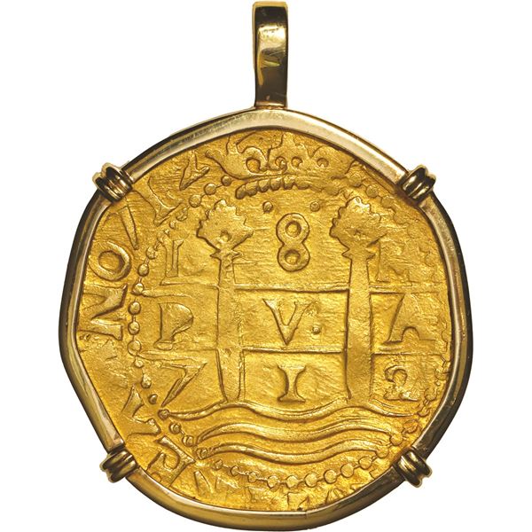 PERU, Lima, gold cob 8 escudos, 1712 M, legend starting at 6 o'clock, ex-1715 Fleet, mounted pillars