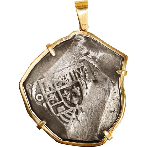 MEXICO, Mexico City, cob 8 reales, 1715 (J), ex-1715 Fleet, mounted cross-side out in 14K gold penda