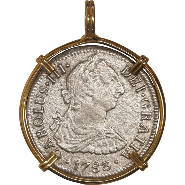 MEXICO, Mexico City, bust 2 reales, Charles III, 1783 FF, ex-Cazador (1784), mounted in 14K gold pen