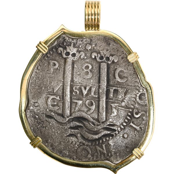 BOLIVIA, Potosí, cob 8 reales, 1679 C/E, rare, mounted pillars-side out in 18K gold pendant