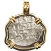 Image 2 : BOLIVIA, Potosí, cob 4 reales, 1753 C, mounted cross-side out in 14K gold bezel with fixed bail.