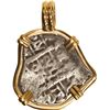 Image 1 : BOLIVIA, Potosí, cob 1 real, 1708 Y, mounted cross-side out in 14K gold bezel with fixed bail.