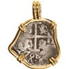 Image 2 : BOLIVIA, Potosí, cob 1 real, 1708 Y, mounted cross-side out in 14K gold bezel with fixed bail.