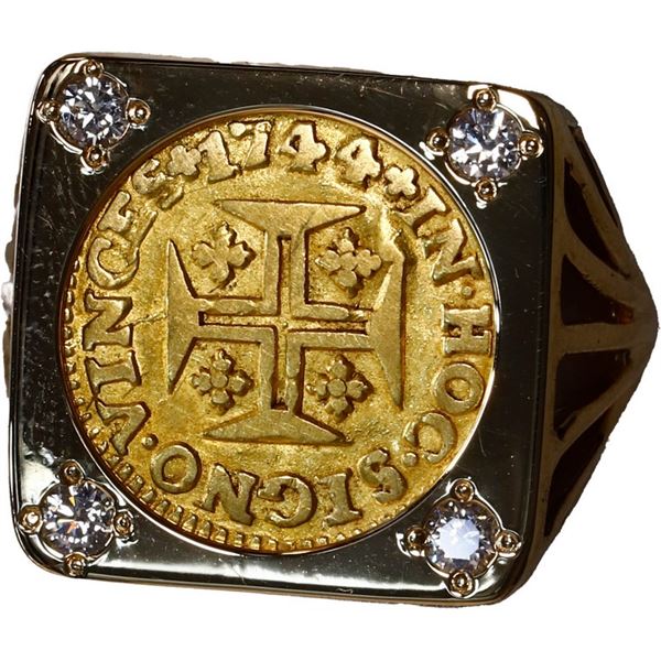 PORTUGAL, Lisbon, gold 400 reis, João V, 1744, mounted cross-side up in 14K gold ring with diamonds