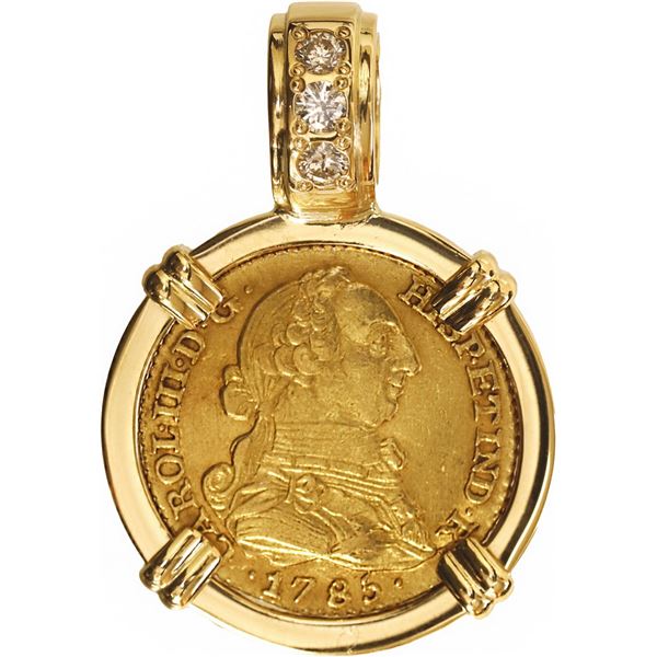 SPAIN, Madrid, gold bust 1 escudo, Charles III, 1785 DV/JD, mounted in 18K gold bezel with fixed bai