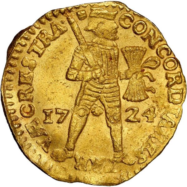 NETHERLANDS (United), Utrecht, gold ducat, 1724, NGC UNC details / bent (Shipwreck Blue Label).