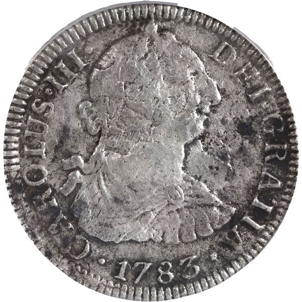 MEXICO, Mexico City, bust 2 reales, Charles III, 1783 FF, ANACS VF 30 ("El Cazador" Shipwreck Label)
