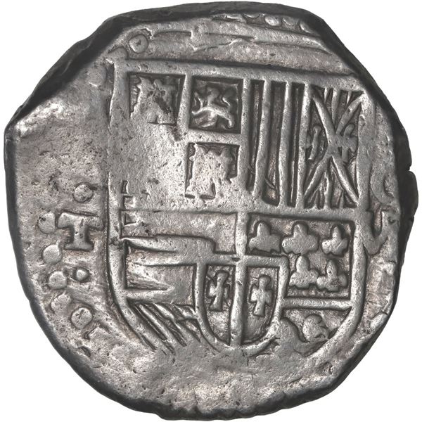 BOLIVIA, Potosí, cob 8 reales, Philip IV, assayer T (late 1620s), "hunched over" lions.