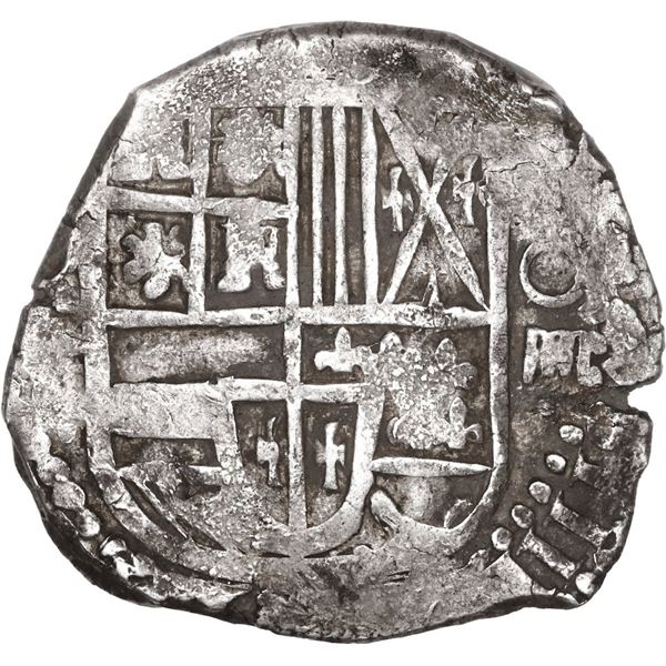 BOLIVIA, Potosí, cob 4 reales, Philip IV, assayer T (late 1620s), "hunched over" lions.