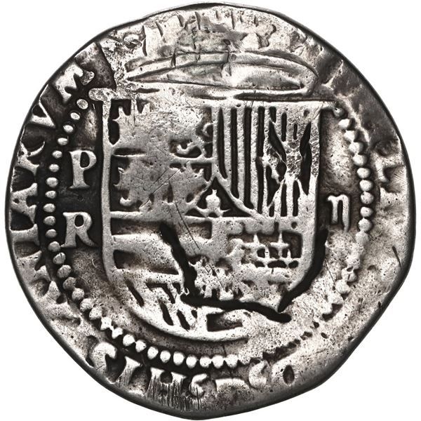BOLIVIA, Potosí, cob 2 reales, Philip II, assayer R (Rincón) to left.