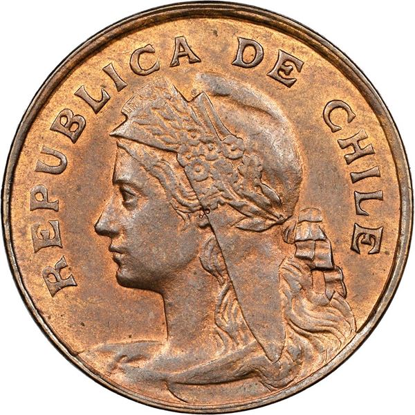 CHILE, Santiago, copper 2½ centavos, 1908, NGC MS 65 BN (Colección Val y Mexía Label), finest known