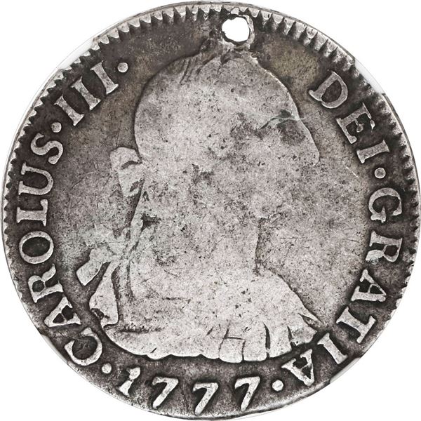 COLOMBIA, Bogotá, bust 2 reales, Charles III, 1777 JJ, no dot in mintmark variety, rare, NGC VG deta