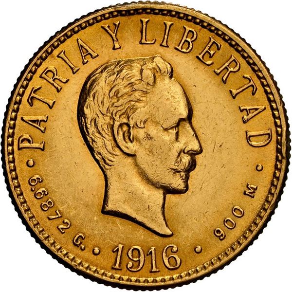 CUBA, struck at the Philadelphia mint, gold 4 pesos, 1916, José Martí, NGC MS 60.