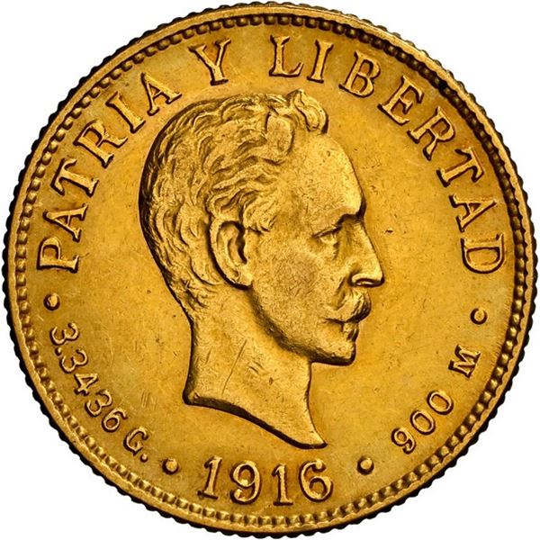 CUBA, struck at the Philadelphia mint, gold 2 pesos, 1916, José Martí, NGC AU details / cleaned.