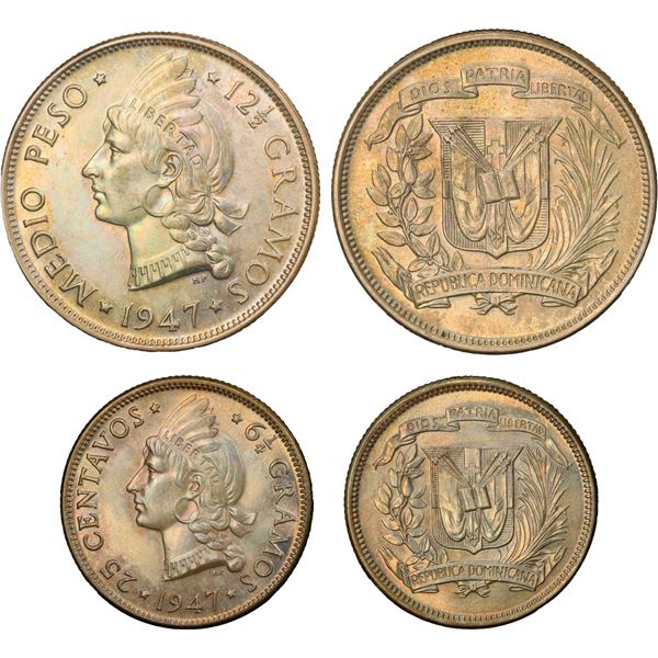 DOMINICAN REPUBLIC, lot of two coins: ½ peso and 25 centavos, both dated 1947, PCGS MS62, MS63.