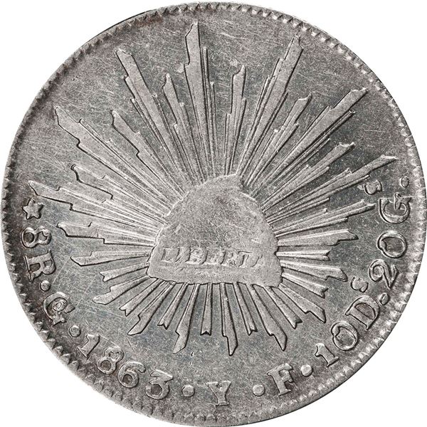 MEXICO, Guanajuato, cap-and-rays 8 reales, 1863/53 YF, PCGS XF45.