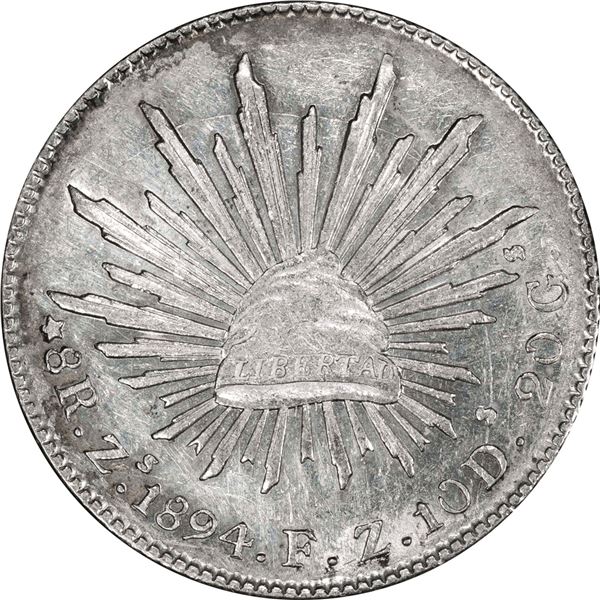 MEXICO, Zacatecas, cap-and-rays 8 reales, 1894 FZ, PCGS AU58.