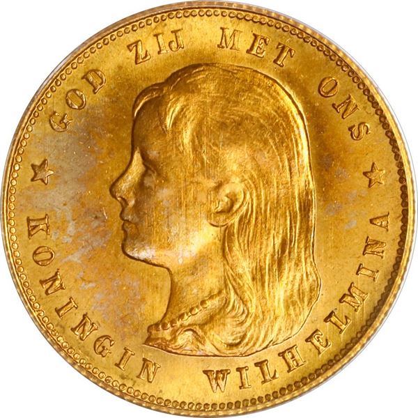 NETHERLANDS (Kingdom), gold 10 gulden, Wilhelmina I, 1897, PCGS MS65.