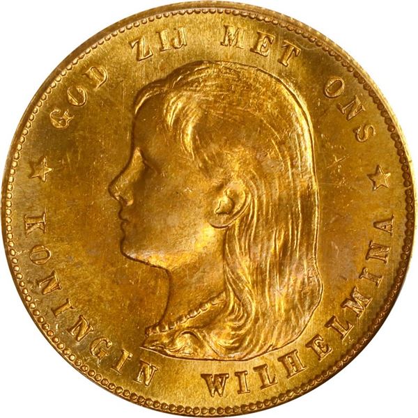 NETHERLANDS (Kingdom), gold 10 gulden, Wilhelmina I, 1897, PCGS MS65.