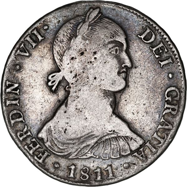 PERU, Lima, bust 8 reales, Ferdinand VII transitional ("imaginary" bust), 1811 JP, short ribbons.