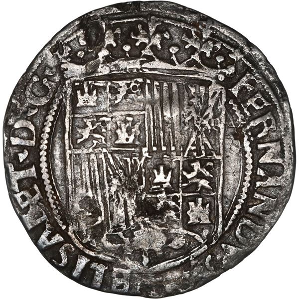 SPAIN, Toledo, 1 real, Ferdinand-Isabel, assayer + at top, +T mintmark below arrows on reverse.