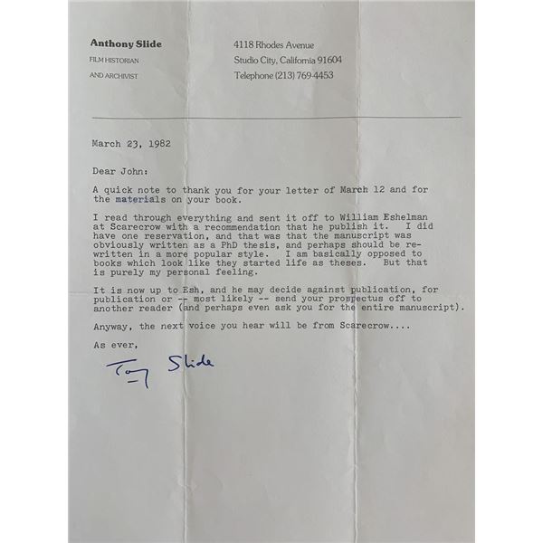 Anthony Slide Signed Letter