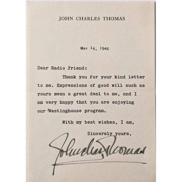 John Charles Thomas Signed Note