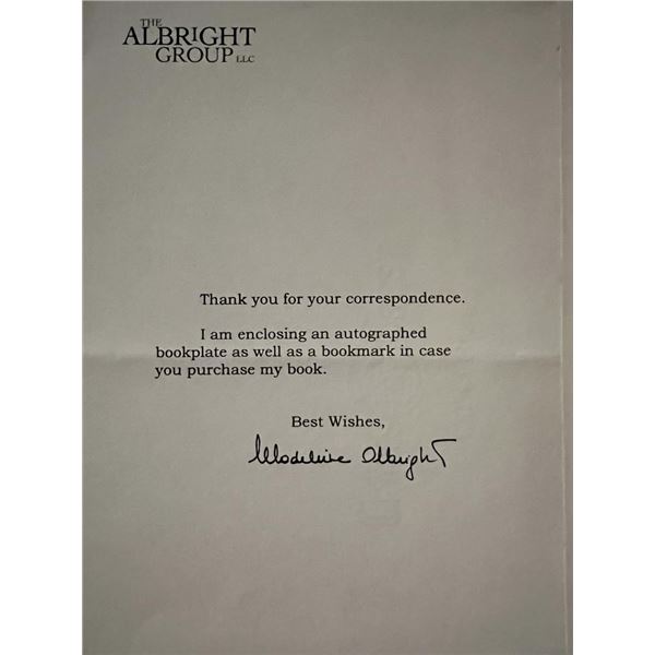 Madeleine Albright facsimile signed note. 5x8 inches