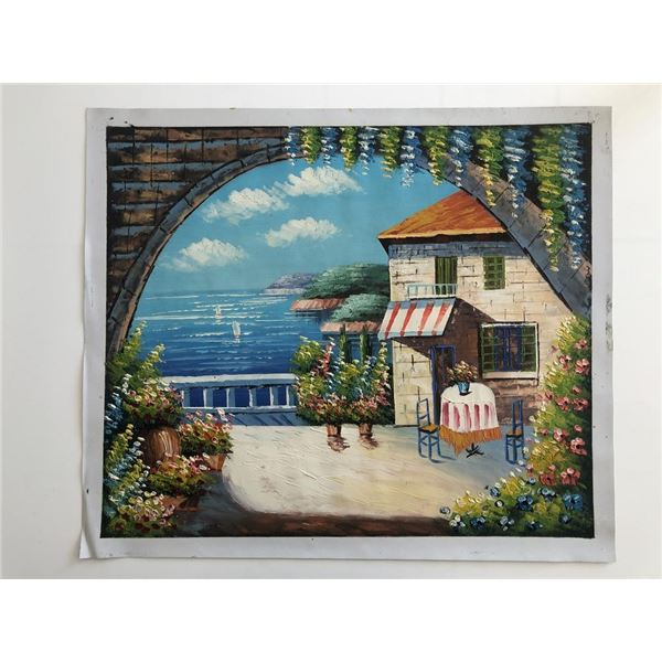 Seaside Restaurant Vista original painting on canvas