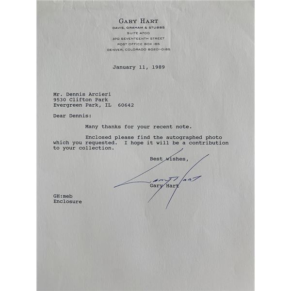 Congressman Gary Hart Signed Note