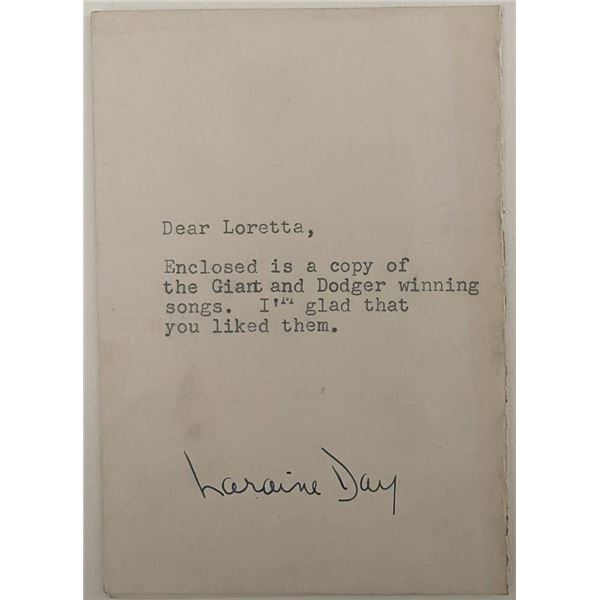 Laraine Day signed photo note