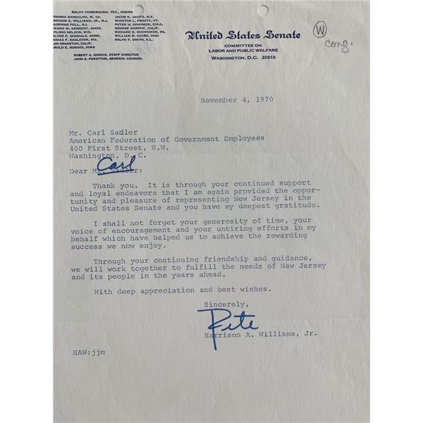 Senator Harrison A. Williams Jr. Signed Letter