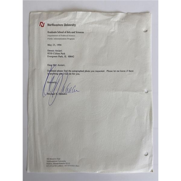 Presidential Candidate Michael S.Dukakis signed letter